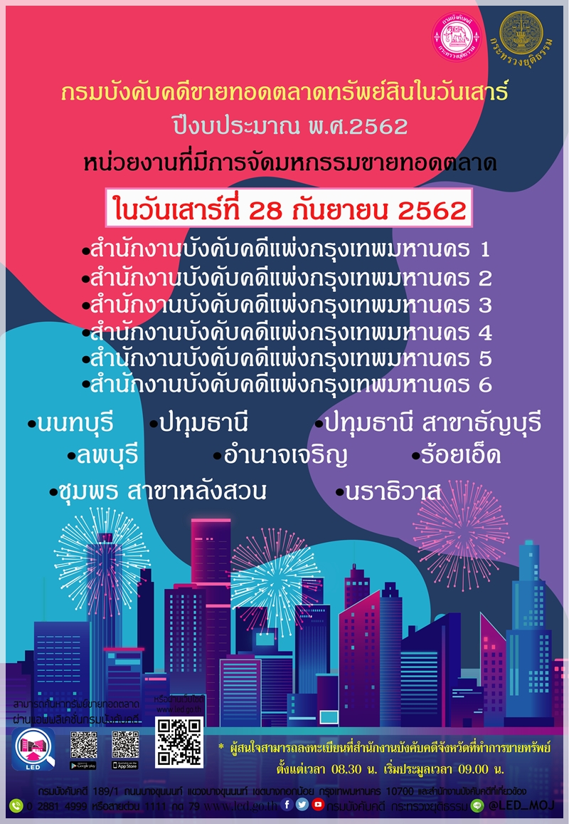 ﻿กรมบังคับคดีจัดการขายทอดตลาดทรัพย์สินทุกวันเสาร์ สำหรับเดือนกันยายน 2562